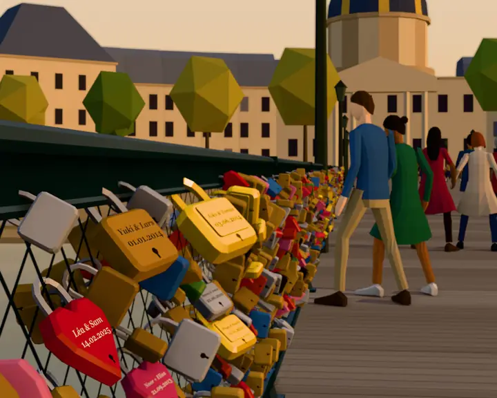 A red heart lock engraved Léa & Sam hangs on the bridge railing among hundreds of locks, with couples walking past.